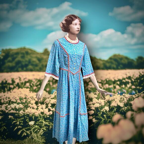 Handmade Dresses & Skirts - Vintage 1970s Large Handmade Blue Cotton Floral Prairie Dress, Cottagecore Lace